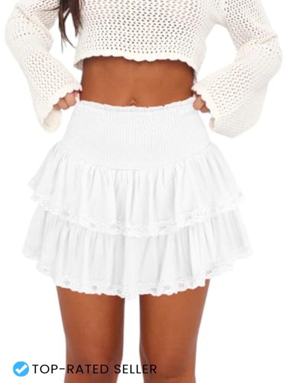 Womens Ruffle Mini Skort Lace Trim Smocked Waist Flowy